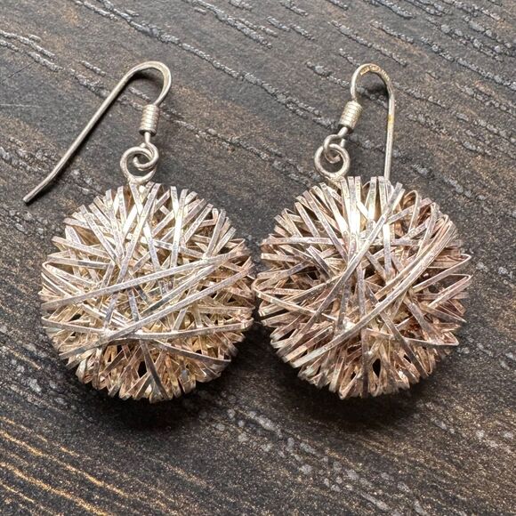 MILOR Italy Sterling Silver 925 Wire Mesh Dangle Earrings Vintage Round Puffy - Picture 8 of 10